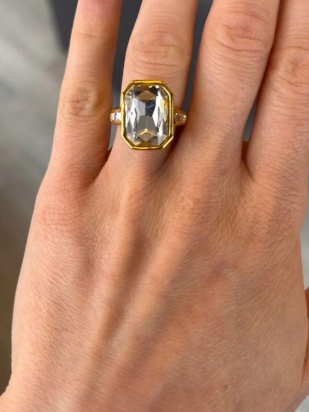 The Pamela Gold Ring with Clear Emerald-Cut Stone - Women's Fashion Ring Sz 6